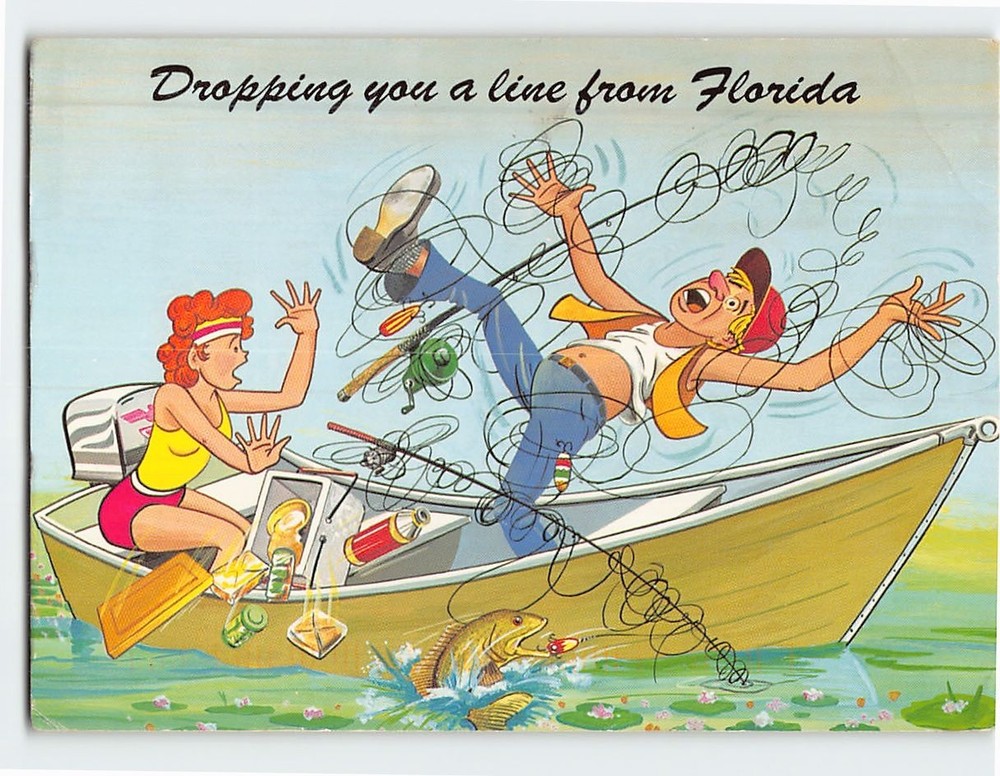 Postcard Dropping You A Line From Florida USA Fishing Humor Scene Comic Art