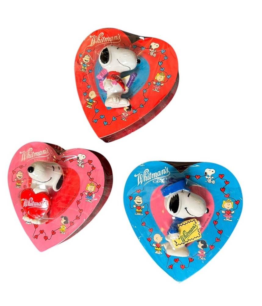 RARE 3 Valentine’s Day Snoopy Whitman Heart Candy Box 4” & Figurines Cupid Puppy