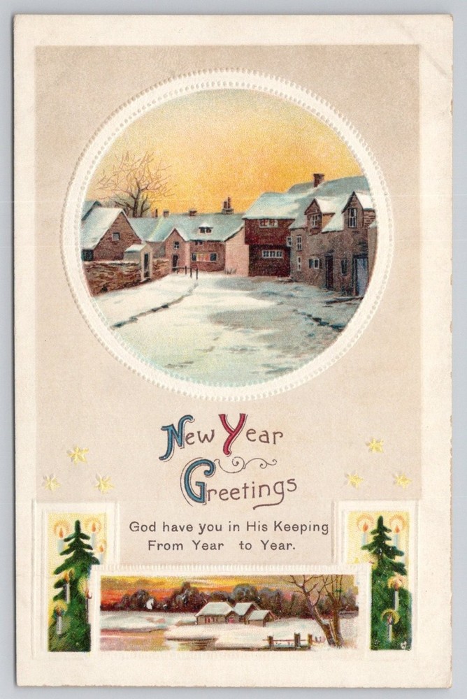 New Year Greetings Embossed Postcard Snowy Village International Art Co 1900s