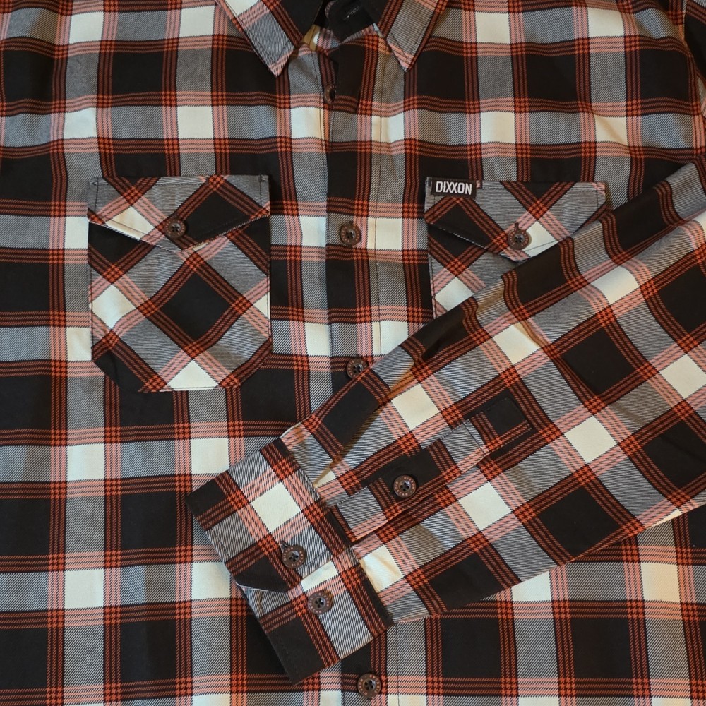 Dixxon Sidecar Men's XL Plaid Flannel Shirt Black Orange Gray White Button-Up