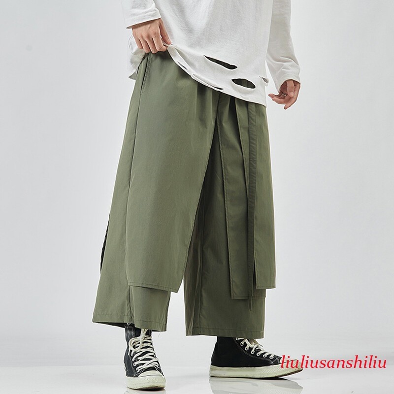 Japanese Fashion Mens Baggy Wide Leg Pants Loose Ninth Pants Casual Trousers New