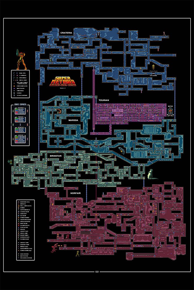 Super Metroid Mapa Super Consola Samus Aran Wall Art Home - POSTER 20x30