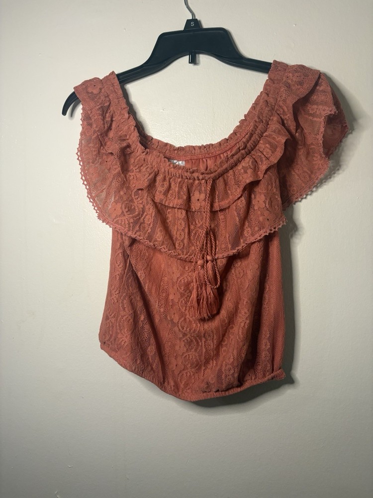 No Boundaries Off-Shoulder Lace Ruffle Tasseled Blouse Rust Size M