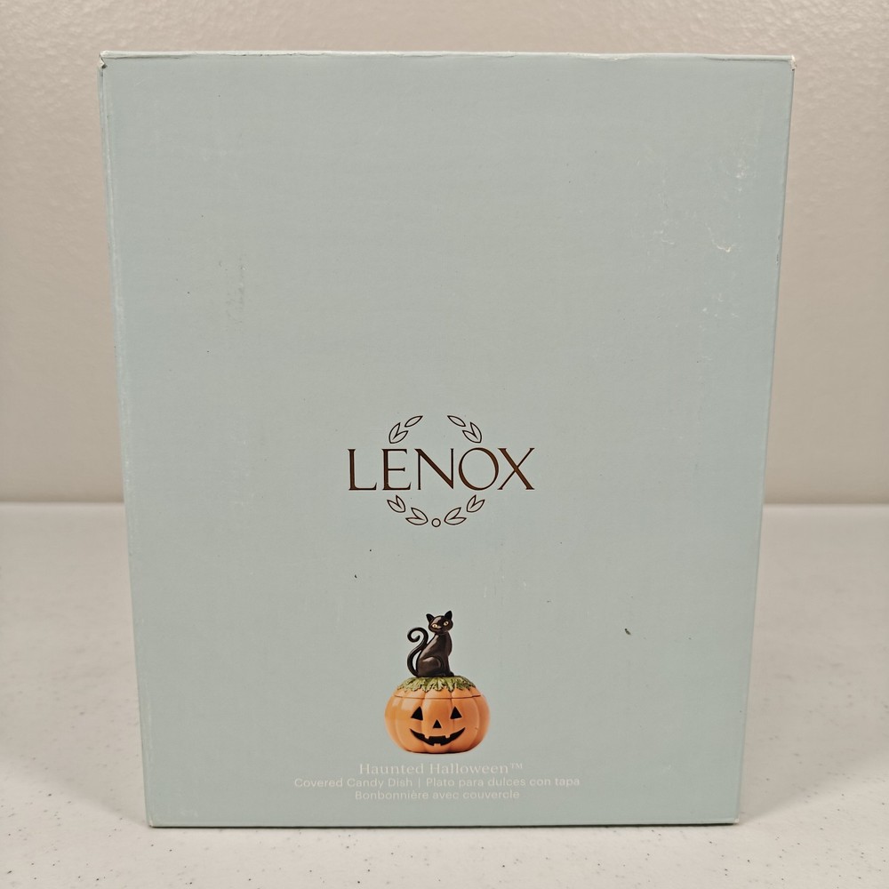 Lenox Haunted Halloween Covered Candy Jar Porcelain with Lid 26oz Cat on Pumpkin