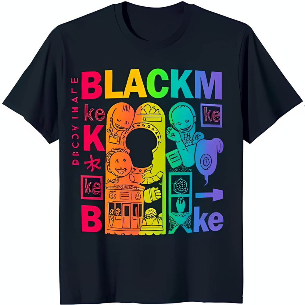 Colorful Rainbow Block Letter T-Shirt with Cartoon Graphic Black Tee