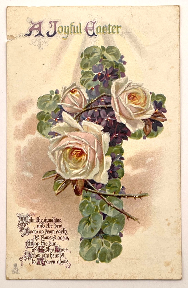 Tuck’s A Joyful Easter Postcard White Roses Embossed Cross 1912