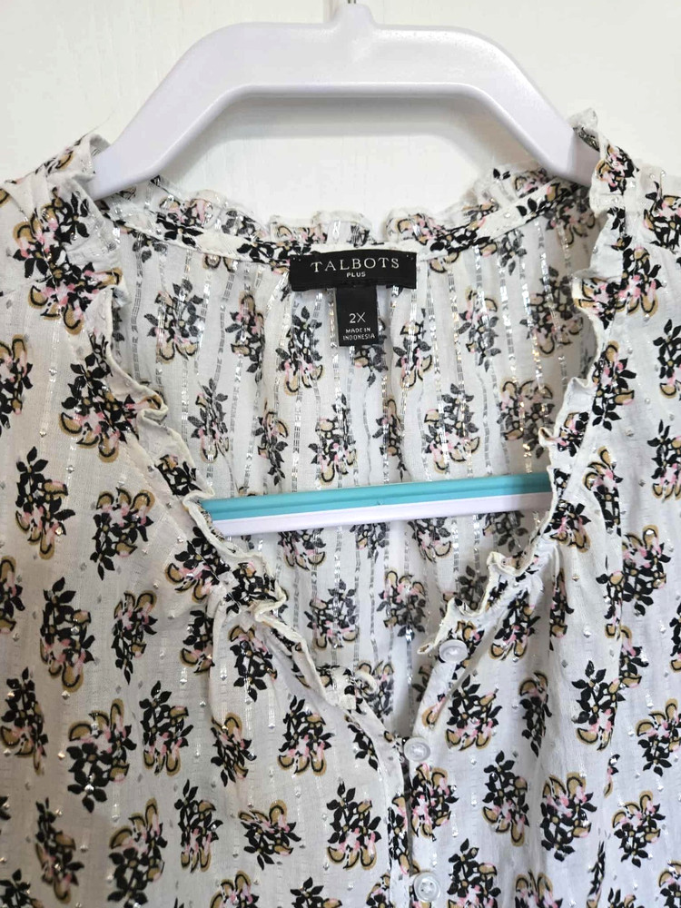 Talbots Plus 2X Floral Top Sleeveless Ruffle Neck Black White Silver Pink A217