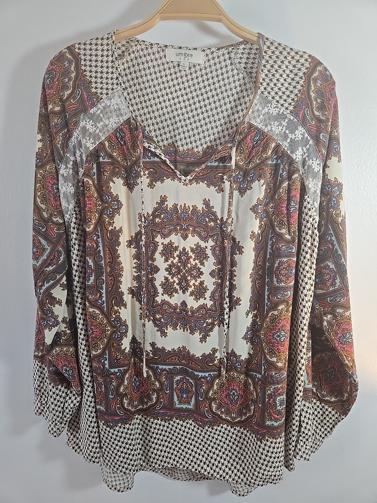 Umgee Tie Front Top Blouse Size L Long Sleeve Multicolor