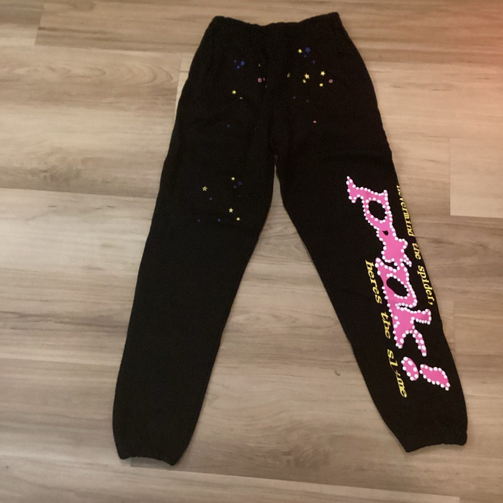 sp5der Black Sweatpants S Pink Graphic Logo Tapered Leg Elastic Waist Drawstring