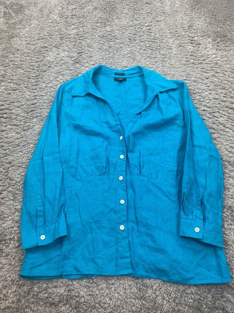 Talbots Top Women 12 Blue Pure Irish Linen Lagenlook Minimalist Button Tunic