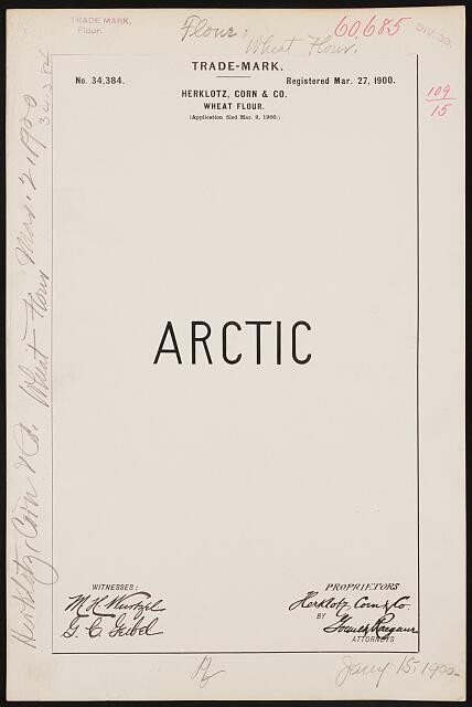 Photo:Herklotz Corn Co Arctic Wheat Flour Trademark Registration 1900