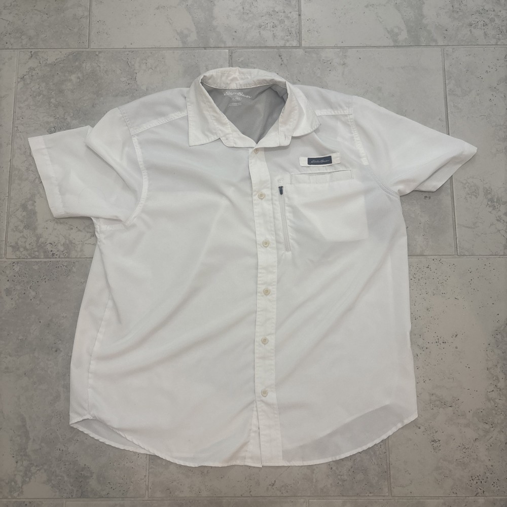 Eddie Bauer Men's XL White Short Sleeve Button-Up Tech Fishing Shirt with Pocket