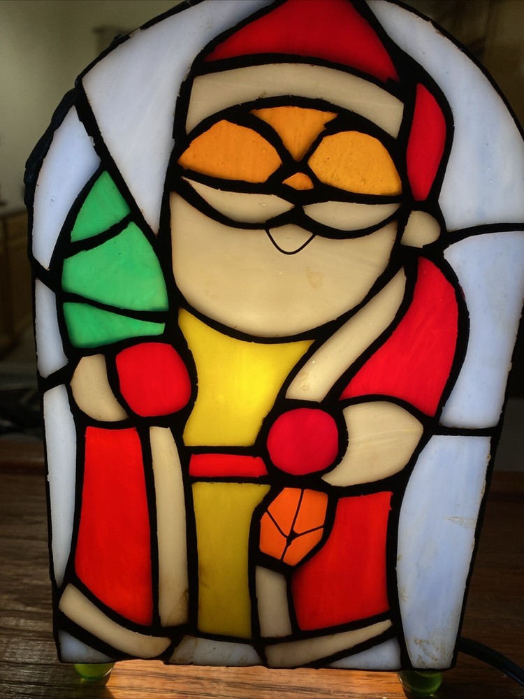 Santa Tiffany Style Stained Glass Accent Lamp Christmas Décor Light New W Box-image