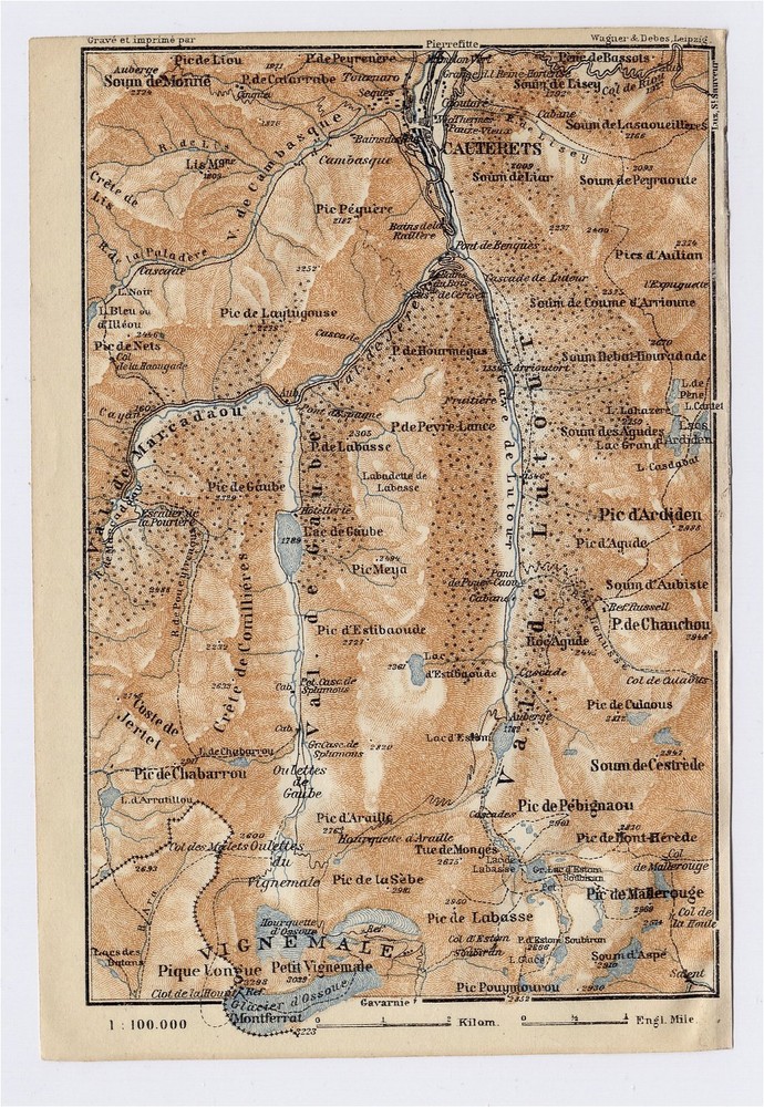 1914 Original Antique Map Of Vicinity Of Cauterets / Vignemale / France
