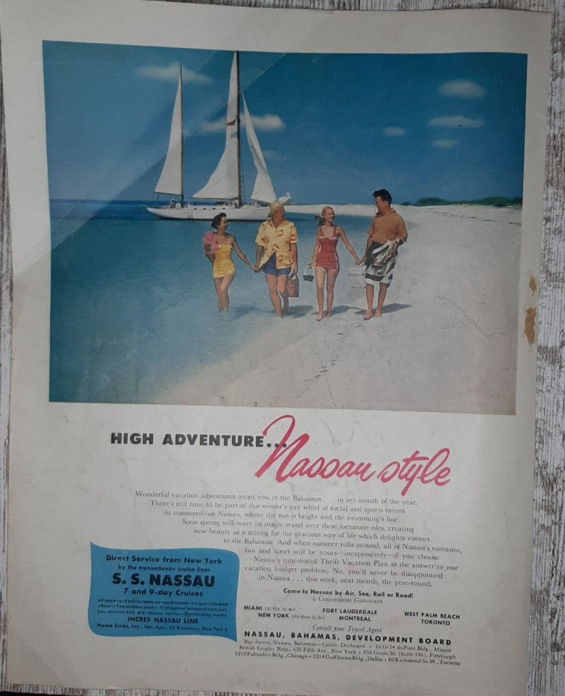 1954 Bahamas Vintage Print Ad Nassau Beach Sun Sailboat Cruise Liner Adventure