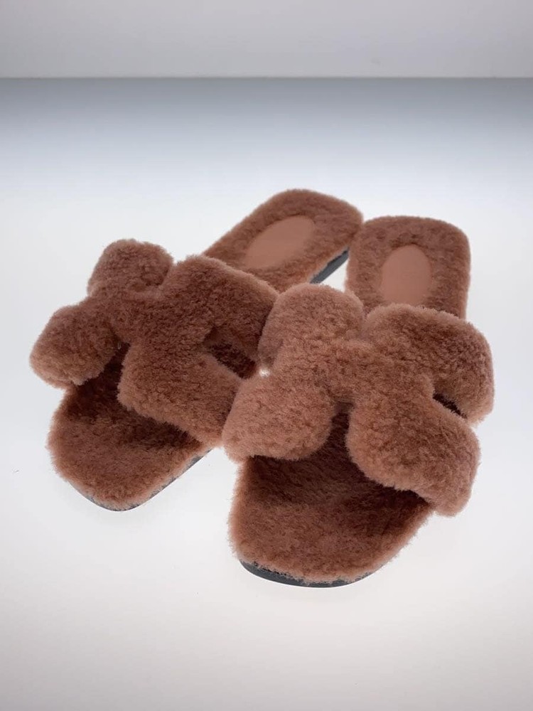 Authentic HERMES Oran Sandal 212178Z EU 37.0 Pink Brown Shearling F/S Used