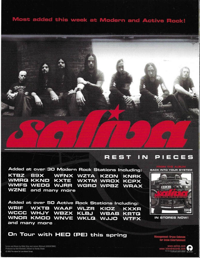 SALIVA Rare HED PE TOUR Rest 2003 PROMO TRADE AD Poster for Back 8.5x11 MINT