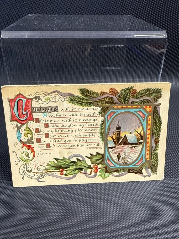 1911 Christmas Greetings Vintage Postcard Snowy Cabin Holly Pine Metallic Accent-image