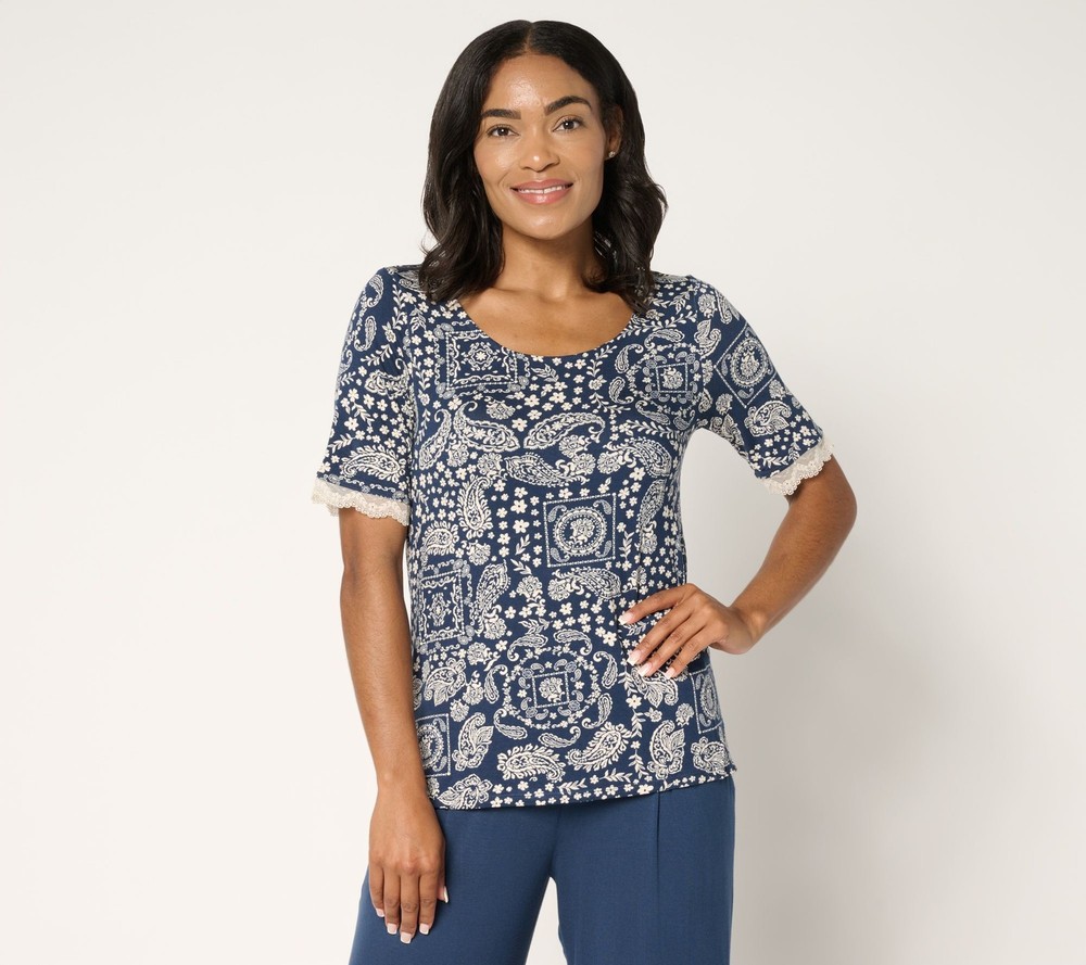 Cuddl Duds Women's Top Sz M Soft Lace Trimmed Tee Blue A691485