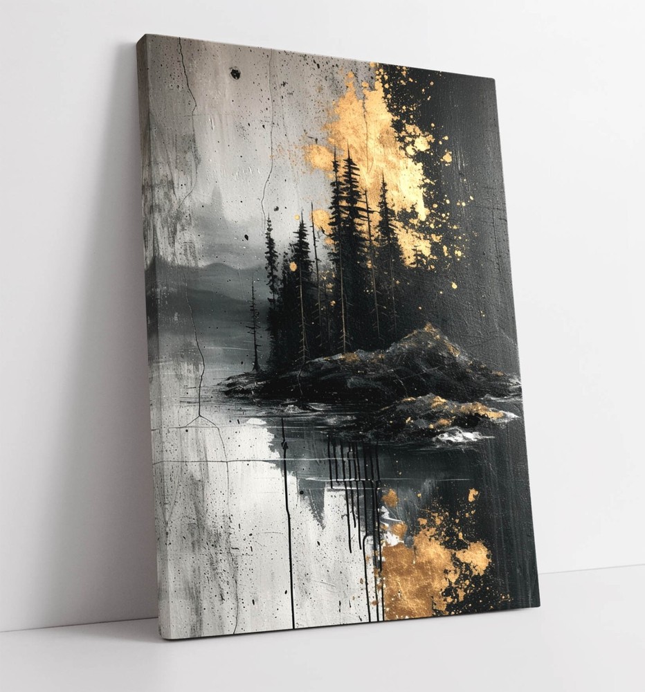 ABSTRACT BLACK AND GOLD FOREST HOME DECOR CANVAS WALL ART PICTURE PRINT-image