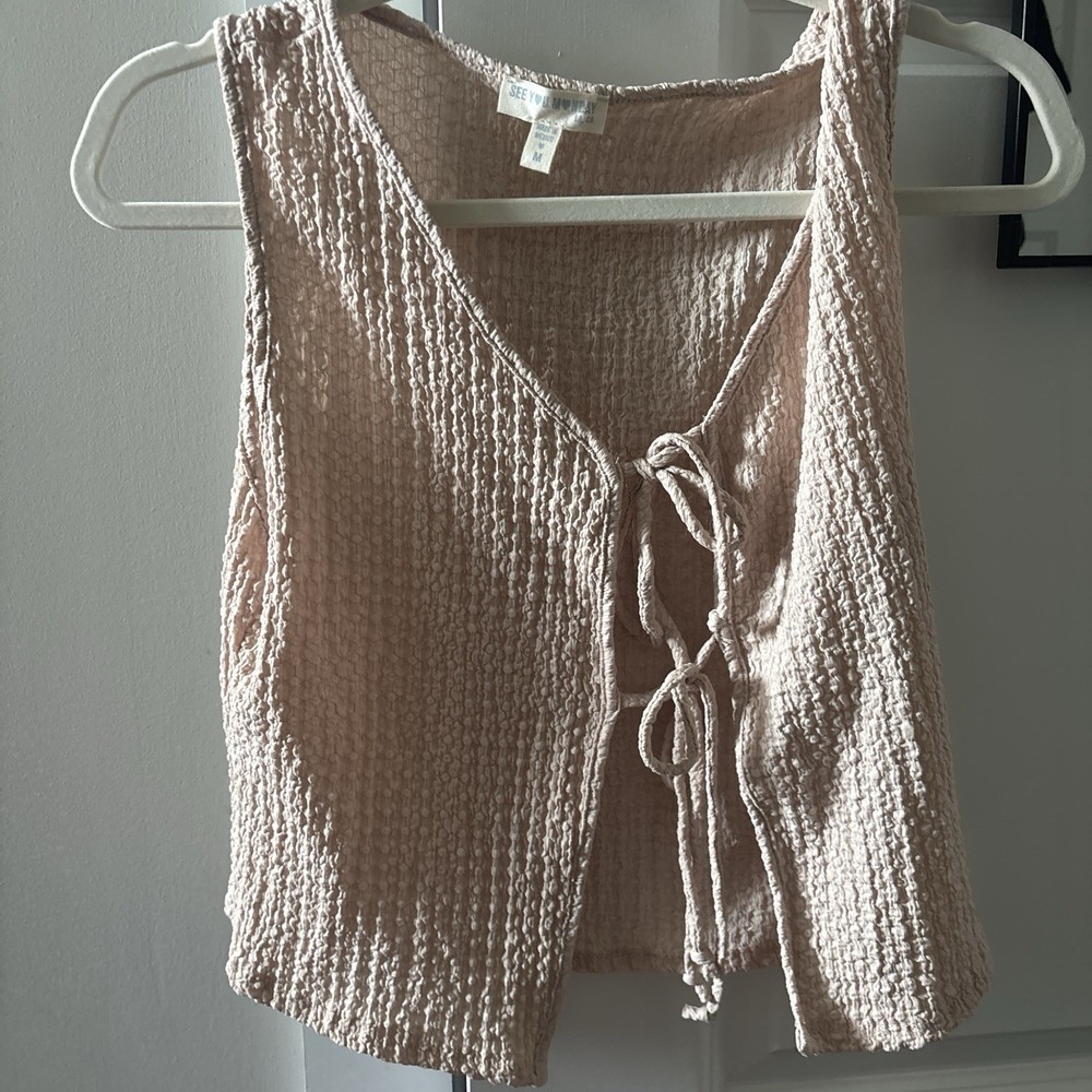 SEE YOU MONDAY Beige Solid Knit V-Neck Sleeveless Tie Front Tank Top Size M