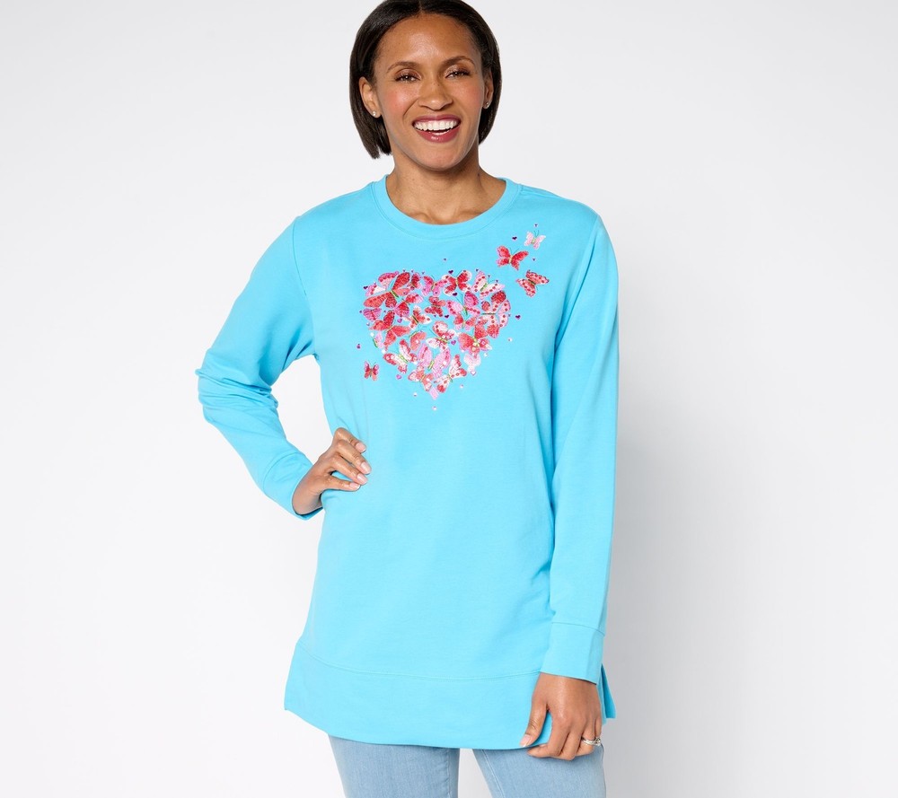 Quacker Factory Women's Top Sz M Love isthe Air Tunic Sweatshirt Blue A677834