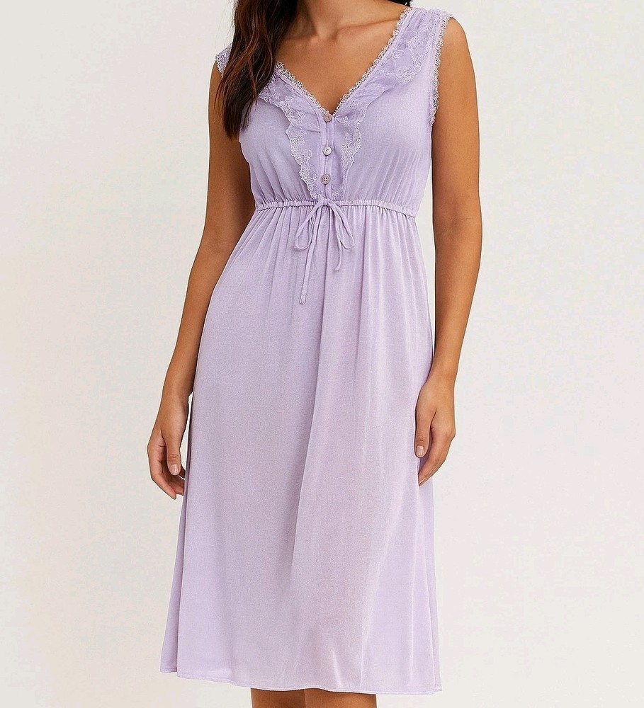 Medium Lace Satin Night Gown Slip Purple V Neck Midi Fit Flare Dress Sleeveless