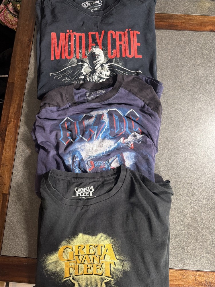 Band T Shirt 3 Shirt Rock And Roll Metal T Shirt Lot- XL, 2XL motley Crue, AC/DC