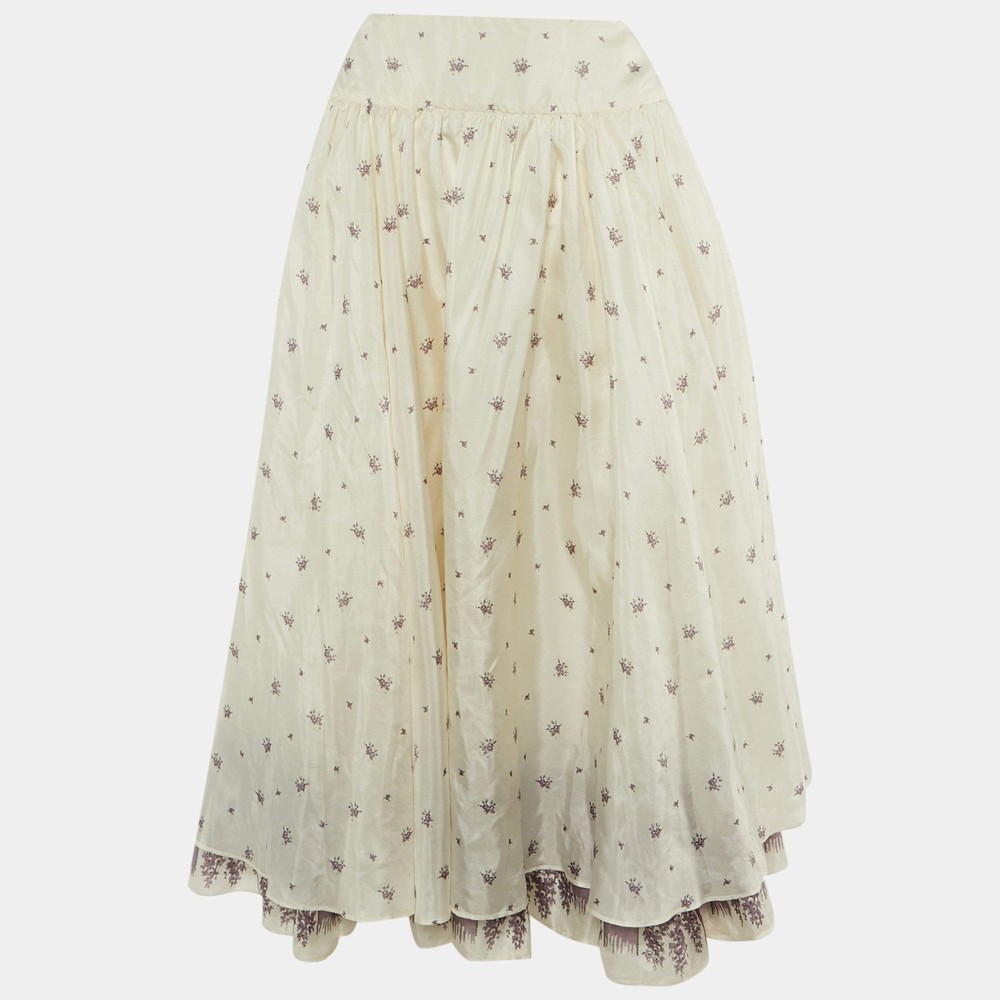 Miu Miu White Floral Print Silk Midi Skirt XL