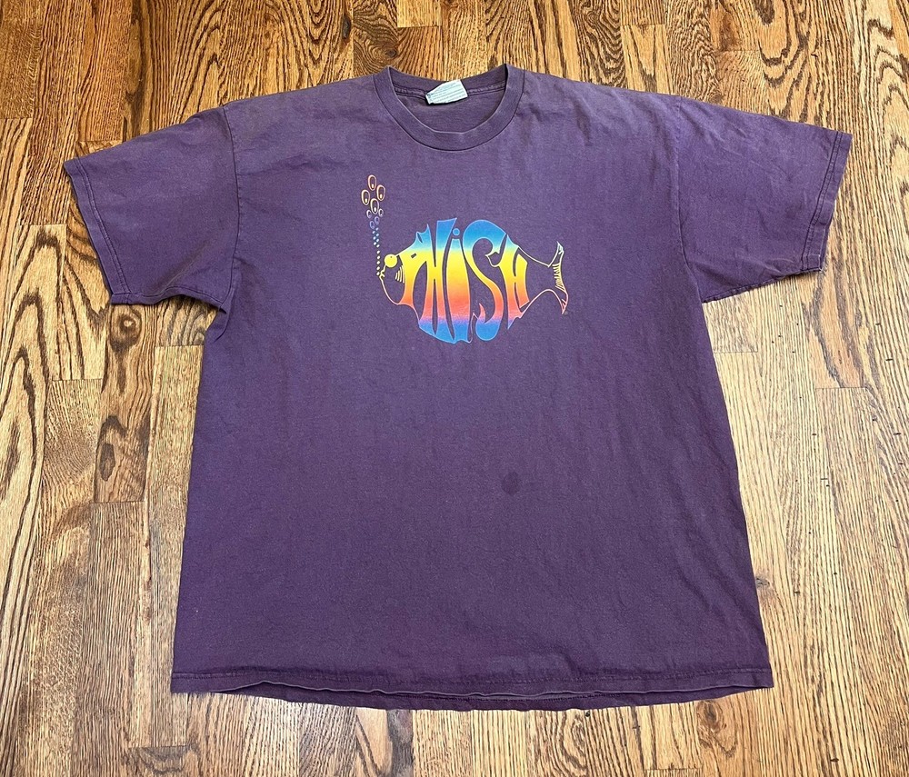 Vintage 90s Phish Band Concert Tee Rainbow Fish Faded Purple T-Shirt - Size XL