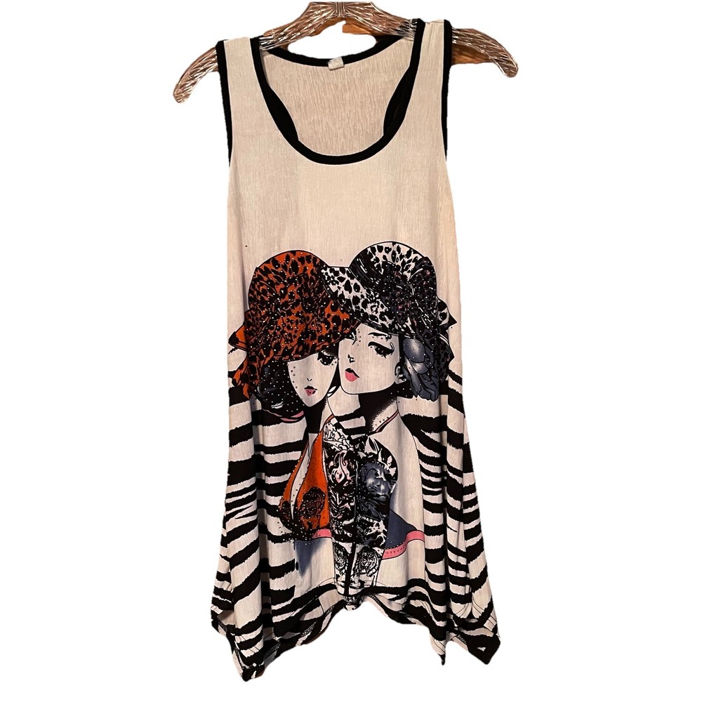 Women’s Silk Blend Double sided Graphic Shirt Sz M With Embellishments Art Deco