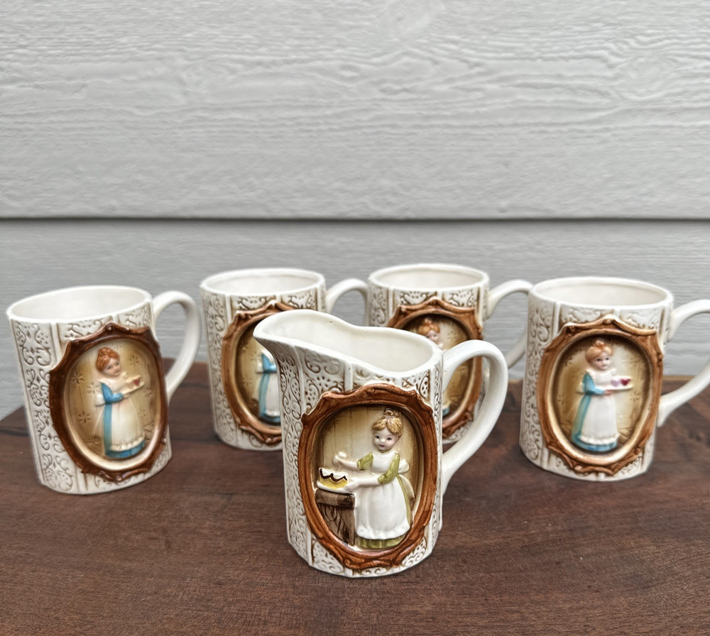 1978 Sears Roebuck Co Pioneer Woman Mugs Cups Set Of 4 & Creamer MCM Vtg - Japan
