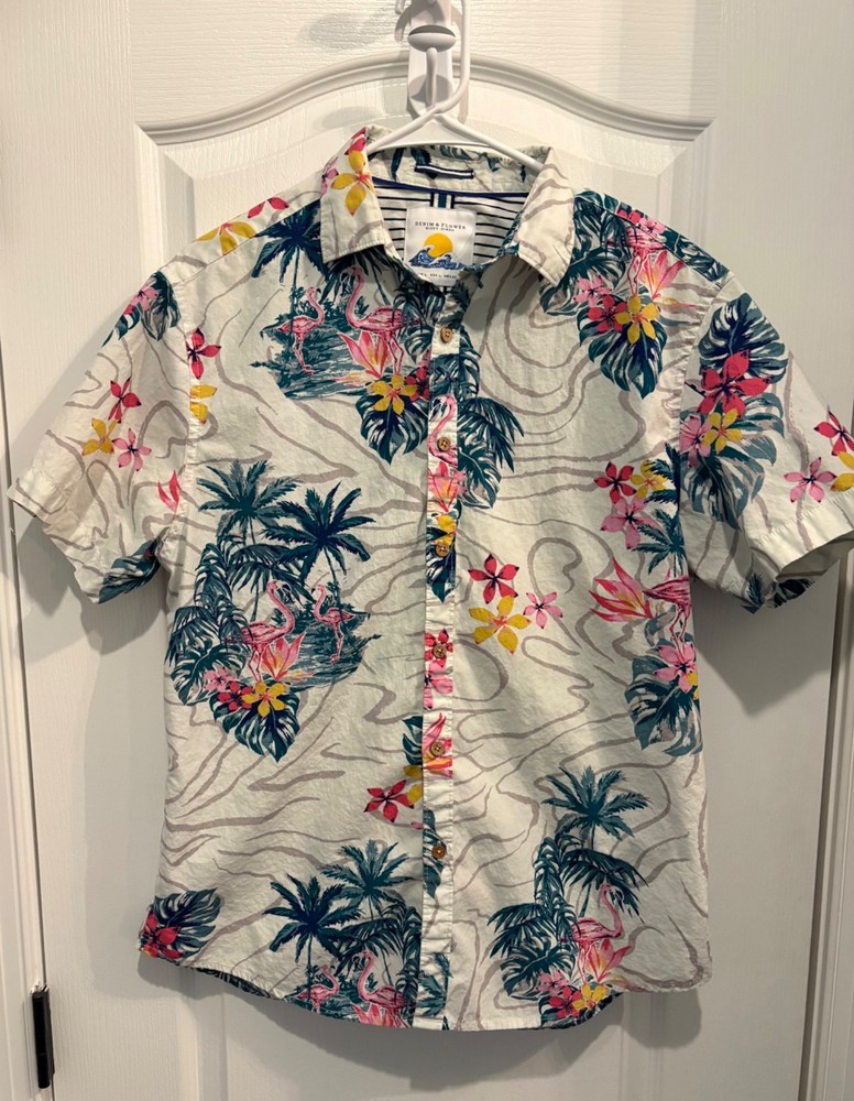 Denim & Flower Men's Hawaiian Shirt Flamingo Palm Print Size L Multicolor