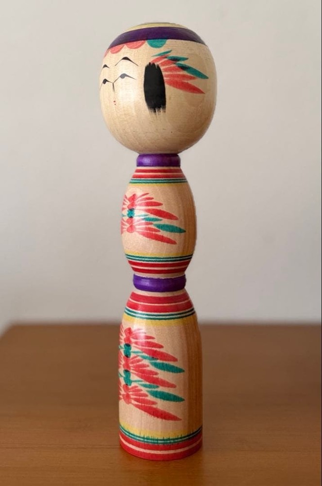 Toshio Sato Colorful Kokeshi Doll 24cm Vibrant Handmade Japanese Art