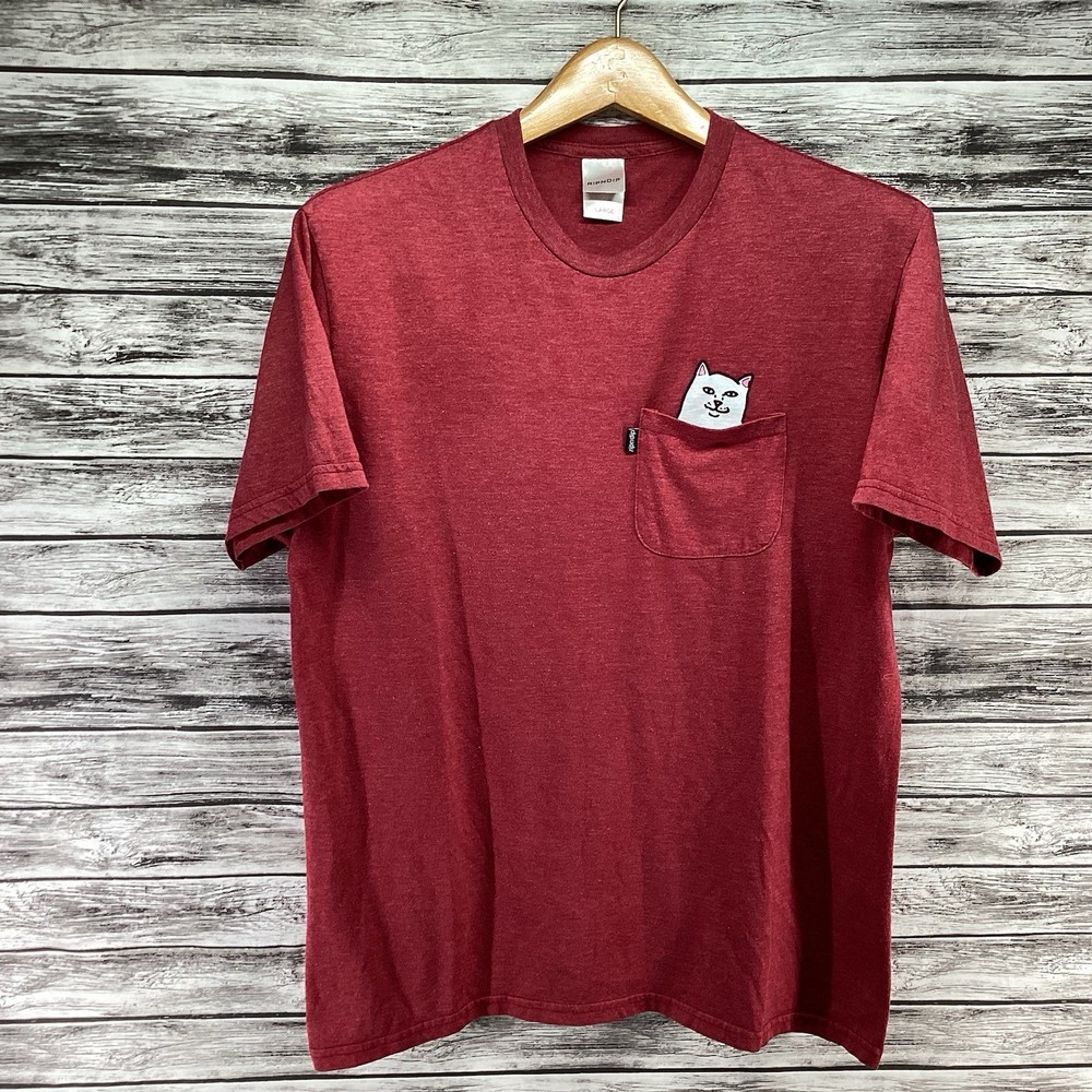 RIPNDIP Shirt Mens Large Red Lord Nermal Pocket Graphic Cat Tee Short Sleeve