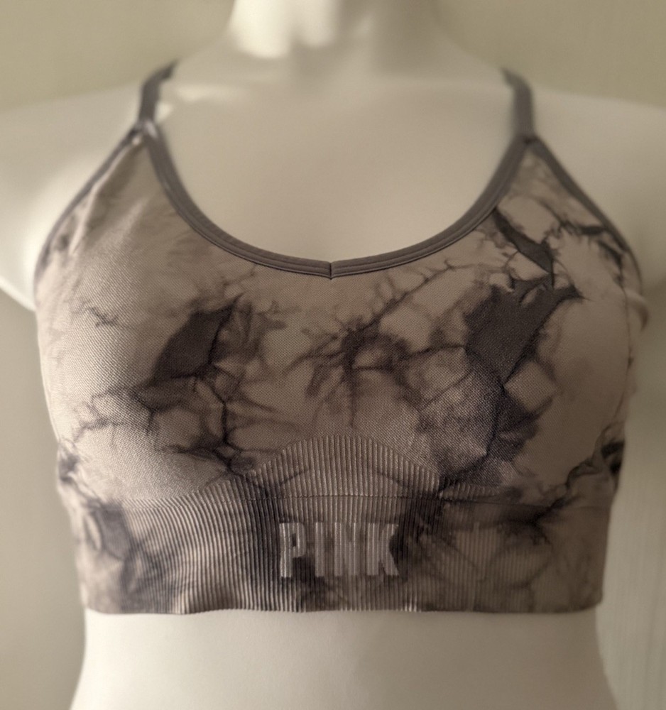 🩶Victoria’s Secret PINK ACTIVE Racerback Sports Bra-Gray Tie-Dye -XL🩶