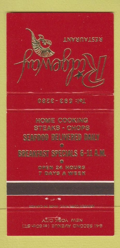 Matchbook Cover - Ridgeway Restaurant New York City 30 Strike