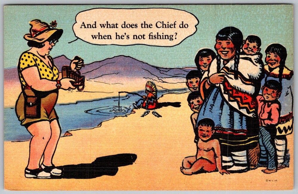 Vtg Linen Postcard Native American Chief Humor 1940s