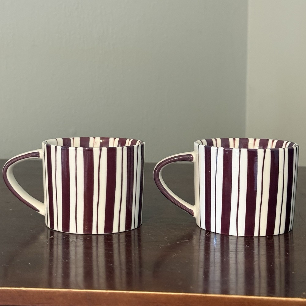 Noon & Moon Cherry Stripe Coffee Tea Mug Cup Set Of 2 Red White Christmas