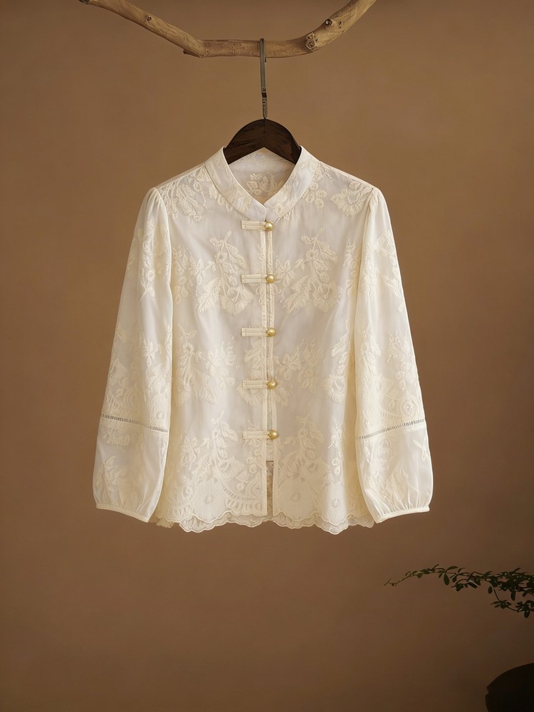 2026 Spring New Chinese Style Shirt Women Long Sleeve Embroidery Silk Top Blouse
