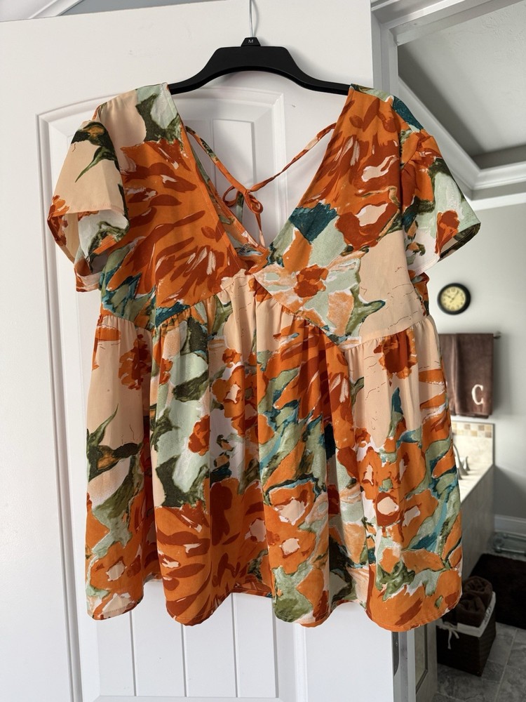 Entro Floral Orange & Green Babydoll Blouse Women’s Size Medium