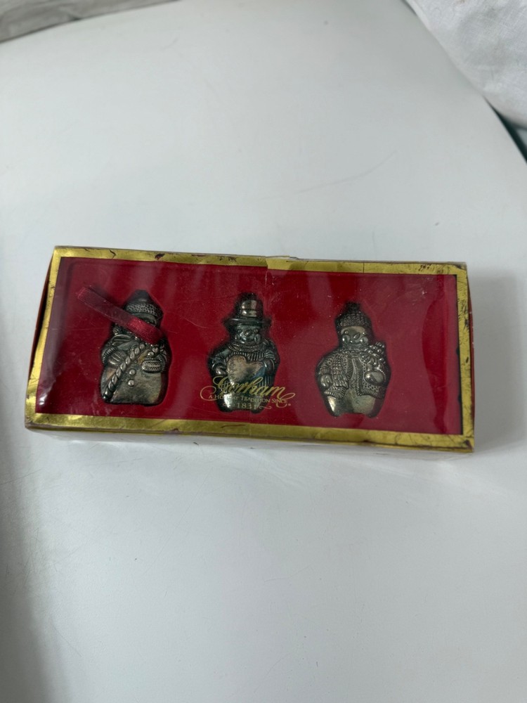 Gorham Silver Plate Snowmen Christmas Ornaments Set of 3 Vintage Holiday In Box
