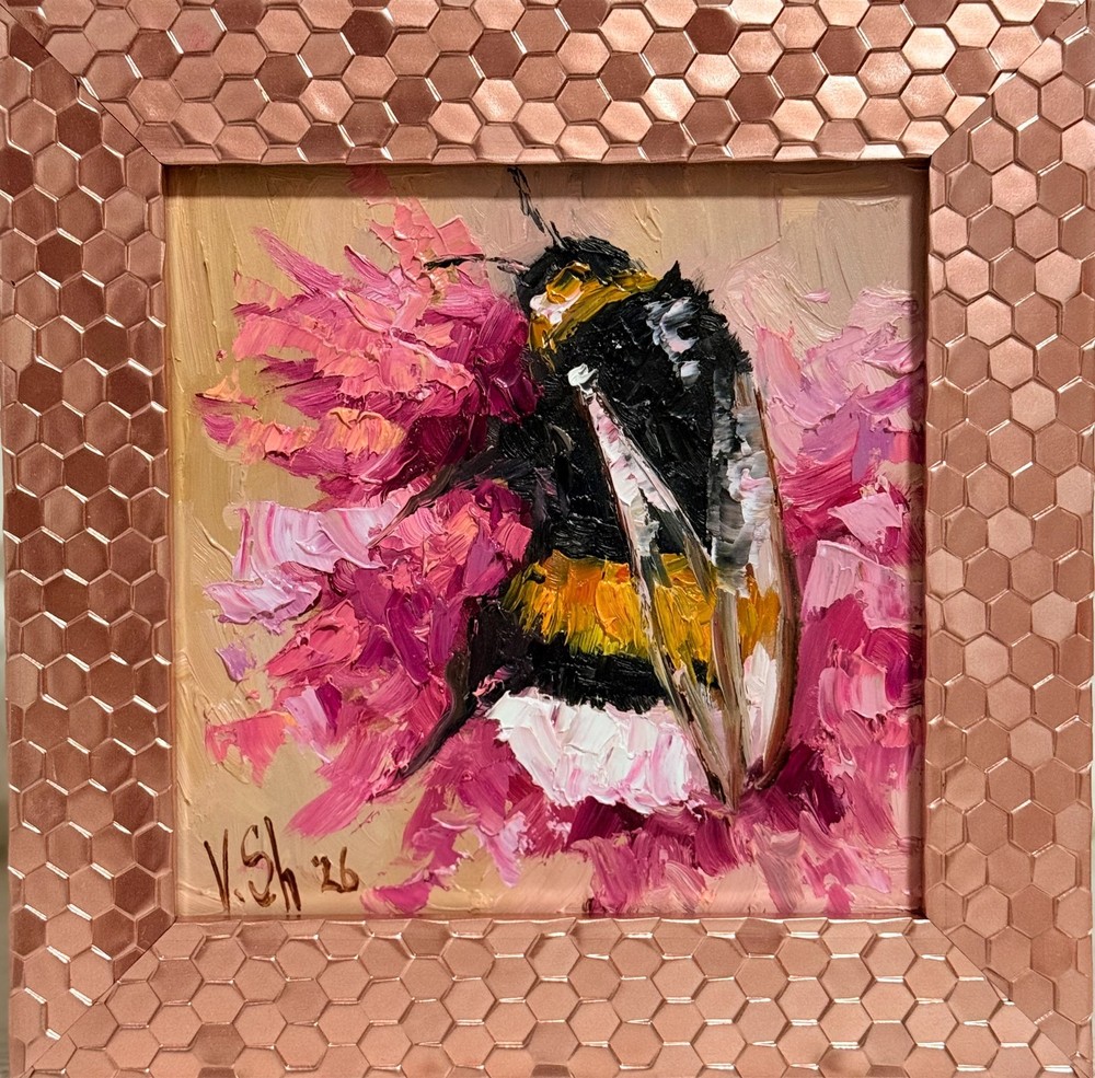 Original Oil Painting Bumblebee Honey Bee Impasto Flower Signed Art Framed