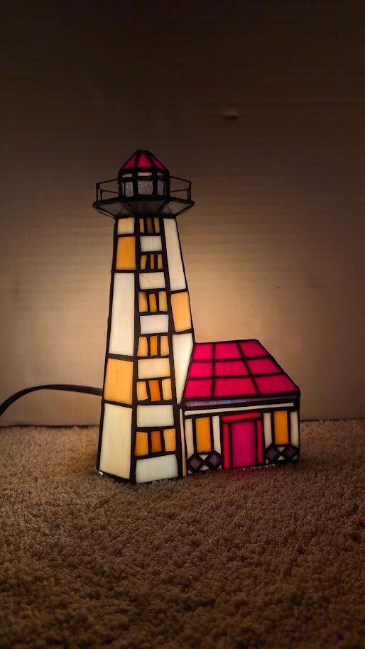 Vintage Stained Glass Lighthouse Table Night Light Lamp 9.25