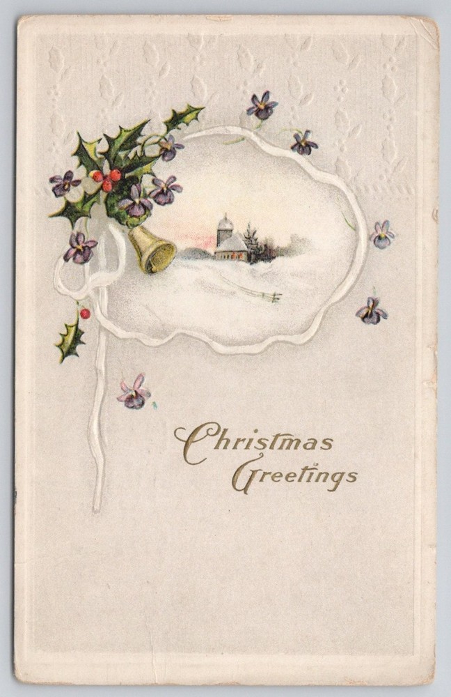 Vintage Christmas Greetings Postcard Phillipsburg NJ 1910 Embossed Holly Bell