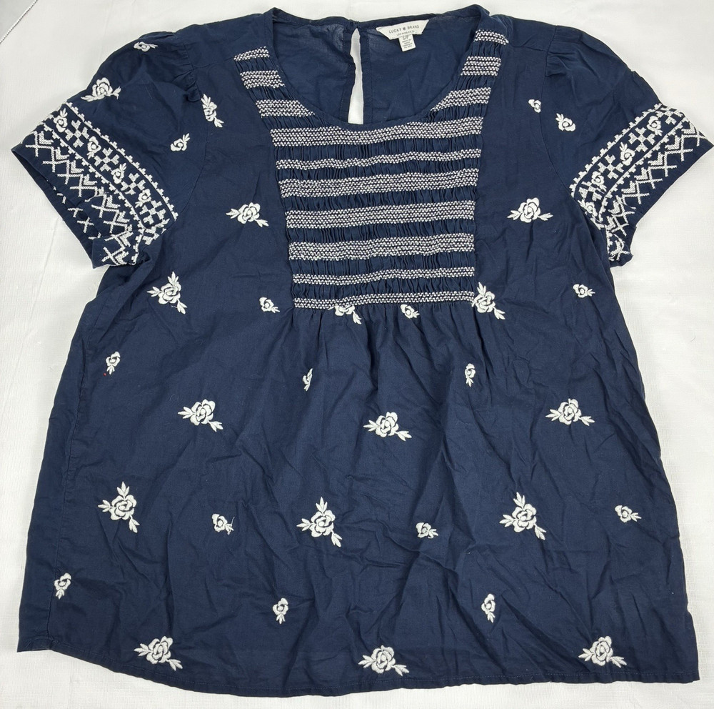 Lucky Brand Boho Embroidered Top Navy White Floral Peasant Blouse S