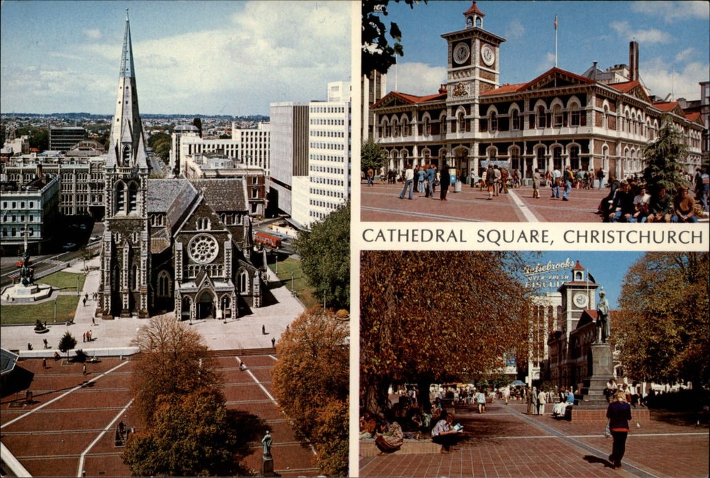 New Zealand Christchurch Cathedral Square multiview Map on back  postcard sku113