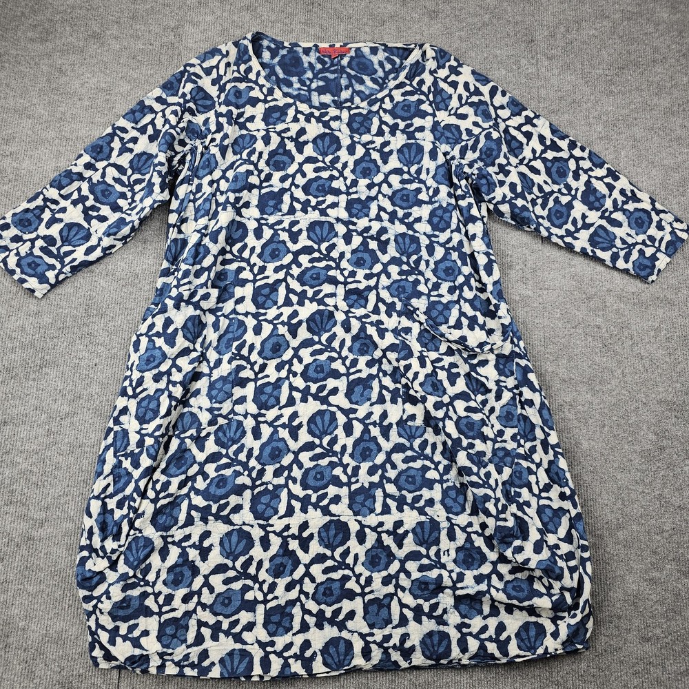 Nila Rubia Dress Womens L/XL Blue Floral Block Print Cotton Relaxed Lagenlook