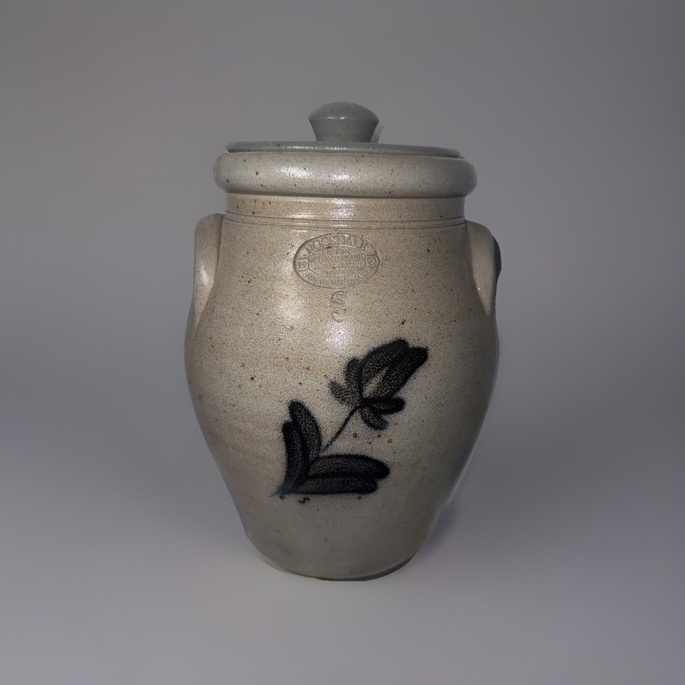 Rockdale Union Stoneware Pottery Salt Glazed Floral Vase 90’s + Lid Handmade VTG