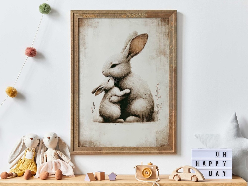 Embracing Bunnies Art Print Mother Baby Bunny Muted Tones Nursery Wall Art